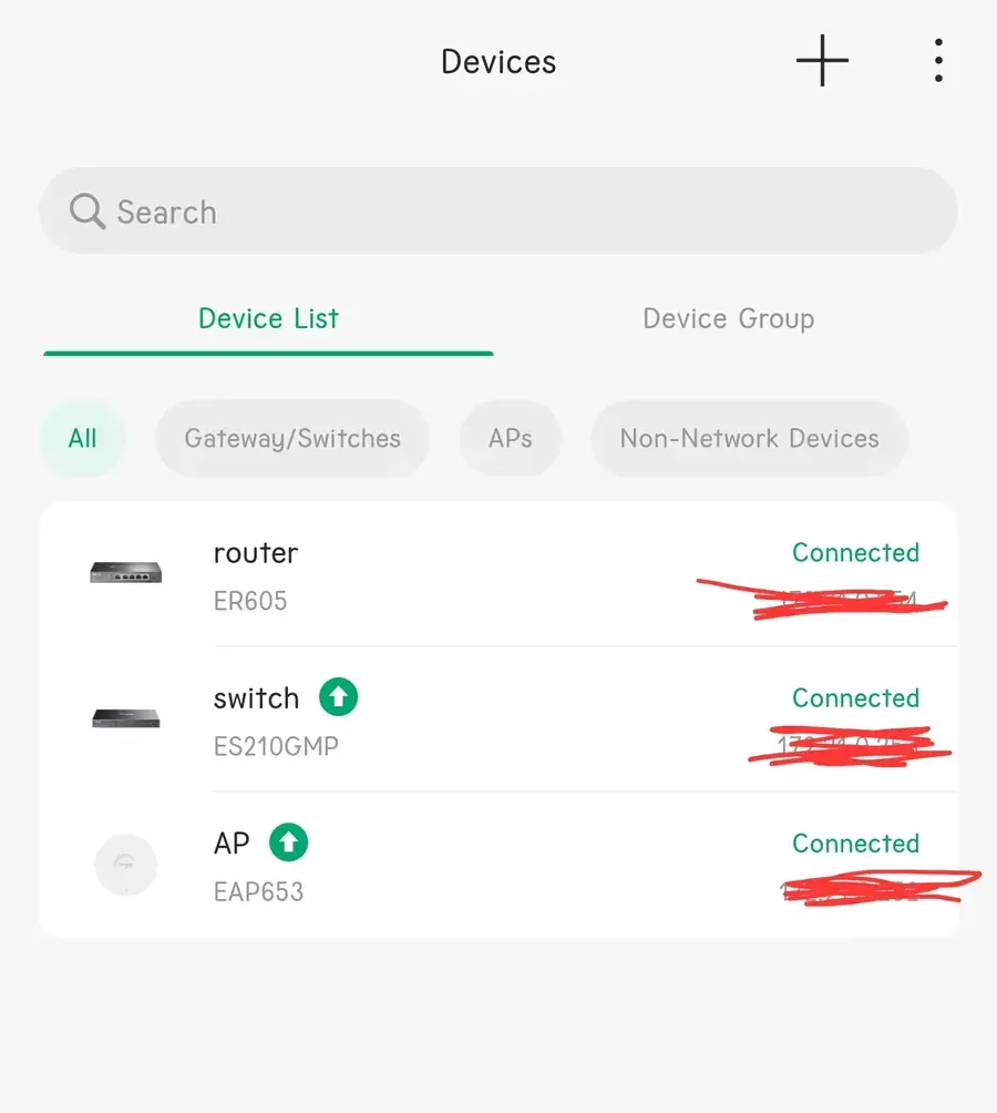The three managed devices in the Omada app